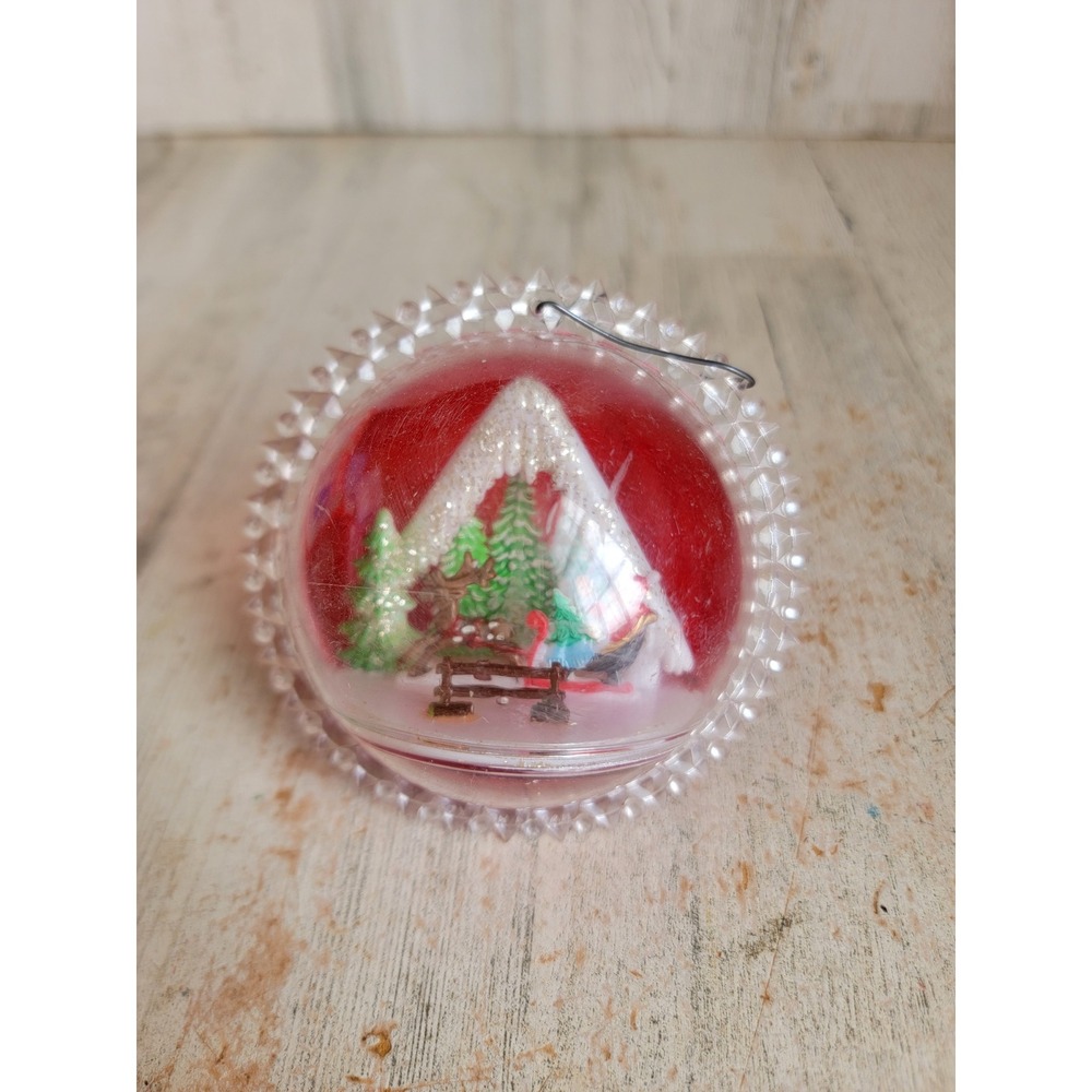 Vintage plastic Xmas 3D diorama Santa Claus sleigh ornament unique dome home